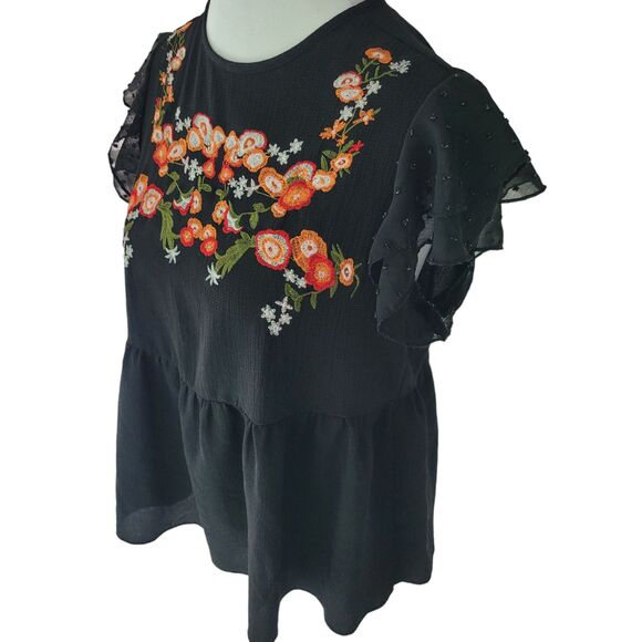 Shein Black Floral Embroidery Mesh Top Shirt Ruffle Sleeve  Blouse Size Small - Picture 2 of 8